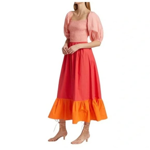 RHODE Eloise Colorblock Smocked Strawberry Multi Midi Dress - Picture 3 of 16